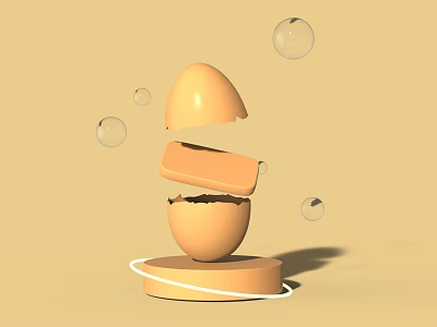 Unique Yellow Egg Shaped Household Item With Cracked Shell Drawer Inside Surrounding Bubbles Round Base 3d model