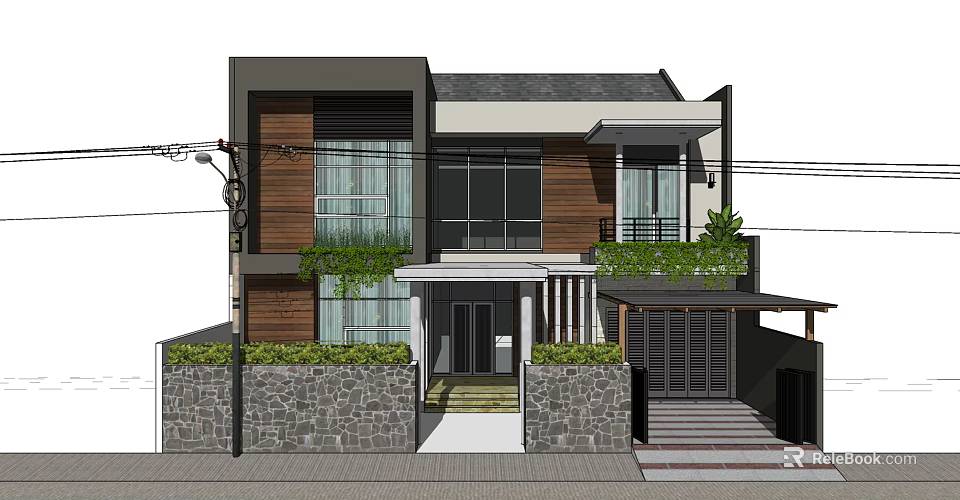 Modern Detached Villa Exterior Design With Wooden Glass Elements Stone Wall And Greenery 3d model 