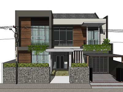Modern Detached Villa Exterior Design With Wooden Glass Elements Stone Wall And Greenery 3d model