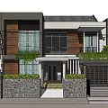 Modern Detached Villa Exterior Design With Wooden Glass Elements Stone Wall And Greenery