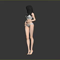 Woman With Long Black Hair Wearing Gray Tank Top And Underwear Barefoot Against Gray Background