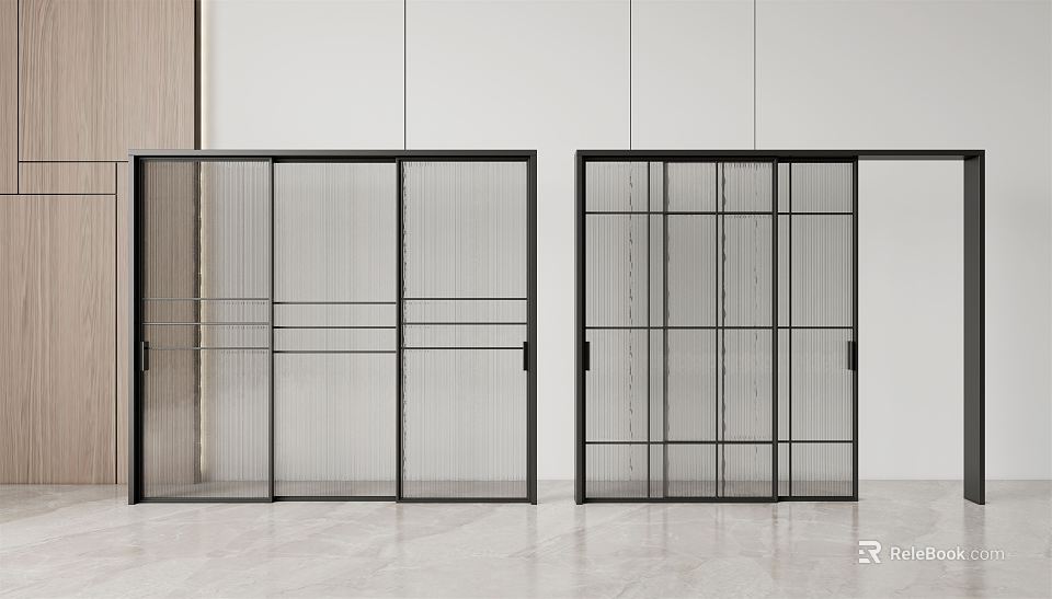 Modern Interior Sliding Doors With Black Frame And Grid Panels 3d model 