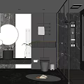 Modern Luxury Bathroom Interior With Black Marble Round Mirror Glass Shower Wooden Floor And Greenery