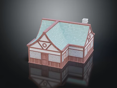 Traditional Ancient Building Model With Teal Roof Timber Frame And White Walls 3d model