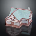 Traditional Ancient Building Model With Teal Roof Timber Frame And White Walls