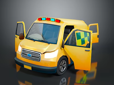 Yellow Ambulance With Open Doors Red And Blue Emergency Lights And Checkered Pattern 3d model
