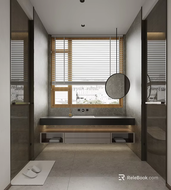 Modern Hotel Bathroom Interior Design With Window Blinds Round Mirror And Vanity Counter 3d model 