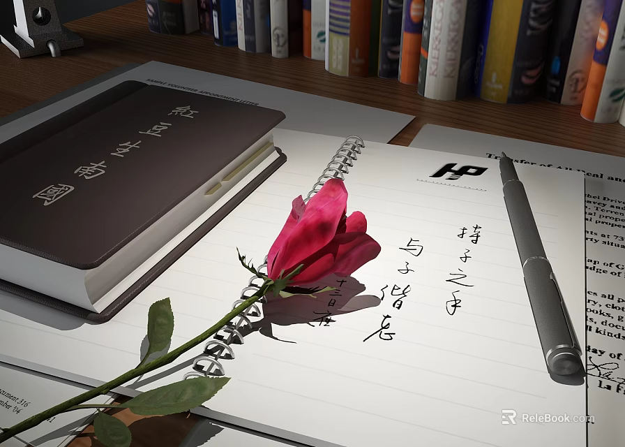 Elegant Red Rose On Open Notebook With Black Book Pen And Books On Shelf 3d model 