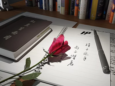 Elegant Red Rose On Open Notebook With Black Book Pen And Books On Shelf 3d model