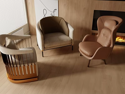 Modern Various Accent Single Sofa Designs With Leather Fabric Upholstery And Wooden Wall Fireplace 3d model