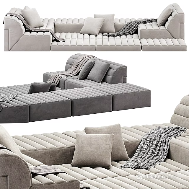 Gray Modular Sectional Sofa With Soft Velvet Fabric Decorative Pillows And Throw Blanket 3d model 