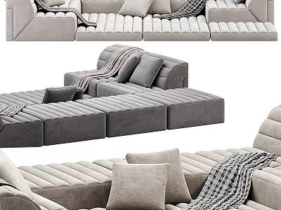 Gray Modular Sectional Sofa With Soft Velvet Fabric Decorative Pillows And Throw Blanket 3d model