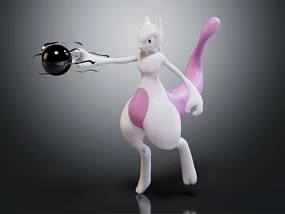 Mewtwo 3D Figure With White Body Holding Black Sphere And Pink Tail 3d model