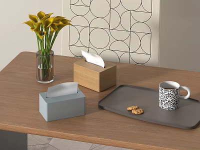 Stylish Home Living Accessories With Yellow Flowers Glass Vase Tissue Boxes Tray Cookies And Patterned Mug 3d model