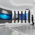 Contemporary Exhibition Booth Interior With White Curved Structure Blue Displays Shelves And Visitors