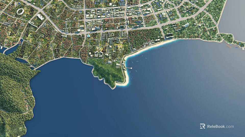 Aerial Planning of Coastal Area Layout With Buildings Green Spaces And Roads 3d model 