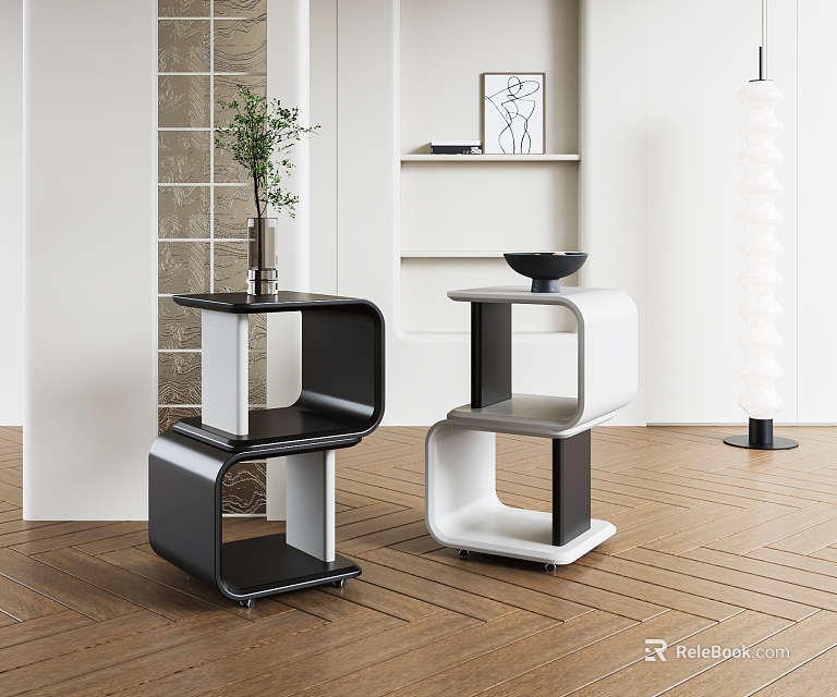 Modern Geometric Side Table with Black and White Design for Living Room Decor 3d model 