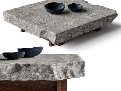 Natural Stone Coffee Table With Wooden Support Legs And Black Bowls Showcasing Rustic Texture Design 3d model