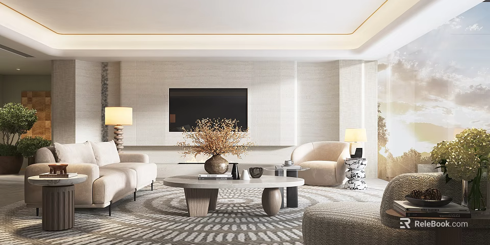 Elegant Modern Living Dining Area With Sofa Coffee Table TV Wall Rug And Floor Lamp 3d model 