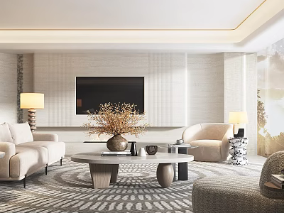 Elegant Modern Living Dining Area With Sofa Coffee Table TV Wall Rug And Floor Lamp 3d model