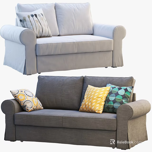 Modern Two Seater Sofas in Light Gray and Dark Gray with Decorative Pillows 3d model
