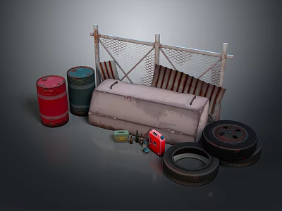 Construction Site Area With Metal Fence Barrels Old Metal Box Tires And Tools 3d model