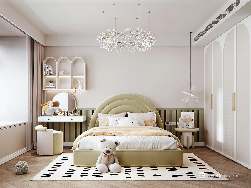 Modern Kids Room Interior With Green Headboard Bed White Teddy Bear And Crystal Chandelier 3d model 