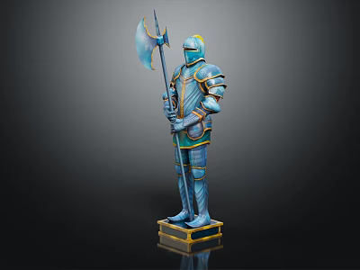 Blue Knight Armor With Ornate Design Axe Spear And Golden Base 3d model