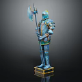 Blue Knight Armor With Ornate Design Axe Spear And Golden Base