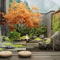 Courtyard Garden Design With Orange Leaf Tree Stones Water Feature Green Plants And Wooden Fence