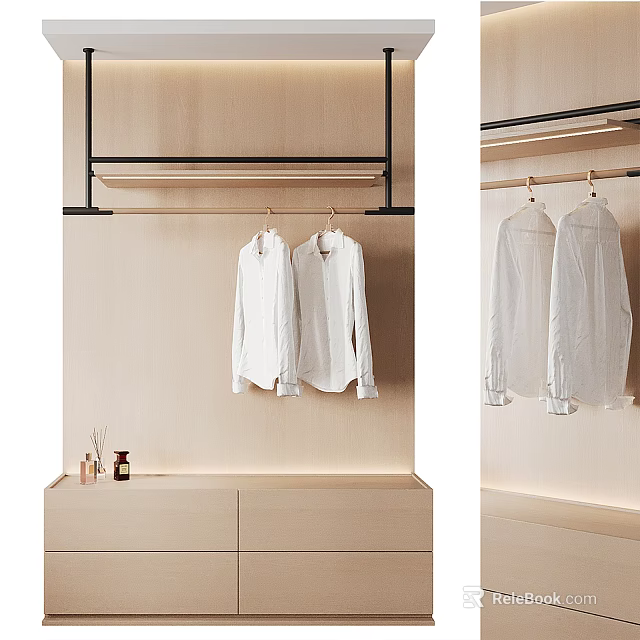 Contemporary Wooden Wardrobe Interior With Hanging Rod White Shirts And Storage Drawers 3d model 