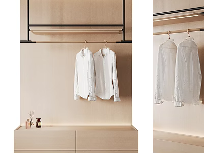 Contemporary Wooden Wardrobe Interior With Hanging Rod White Shirts And Storage Drawers 3d model