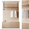 Contemporary Wooden Wardrobe Interior With Hanging Rod White Shirts And Storage Drawers