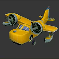 Yellow Passenger Plane Cartoon Style 3D Model With Propellers Floats And Blue Tail Details