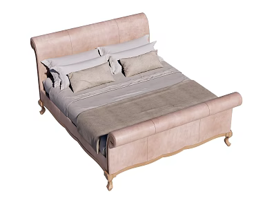 Elegant Upholstered Double Bed With Light Pink Headboard Footboard Wooden Legs And Pillows 3d model