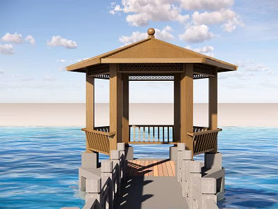 Scenic Wooden Pavilion on Water with Stone Base and Cloudy Sky View 3d model