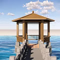 Scenic Wooden Pavilion on Water with Stone Base and Cloudy Sky View
