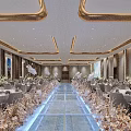 Luxurious Modern Banquet Hall With Gold Accents Central Walkway Dining Tables And Lighting Effects