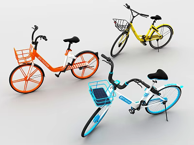 Three Vibrant Bicycles with Front Baskets in Orange Yellow and Blue 3d model