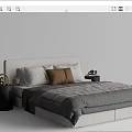 Minimalist Double Bed with Gray Bedding Brown White Pillows and Bedside Decorative Items
