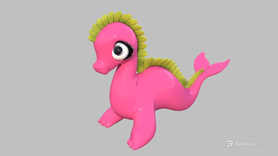 Cute Pink Seahorse Stuffed Toy With Green Mane And Big Eyes 3d model 