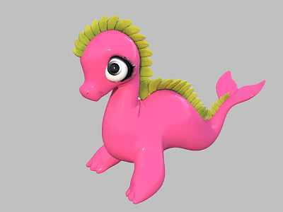 Cute Pink Seahorse Stuffed Toy With Green Mane And Big Eyes 3d model