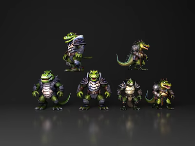Armored Green Reptile Characters Showcasing Multiple Fantasy Designs And Poses 3d model