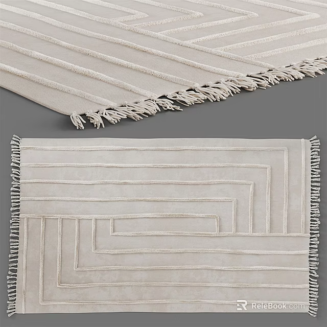 Light Beige Square Rug With Geometric Pattern And Fringe Edges For Modern Home 3d model 