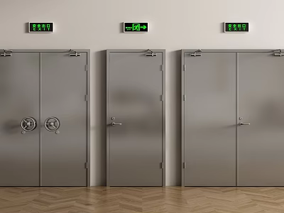 Gray Metal Double Doors With Single Door And Signs Above In Indoor Setting 3d model