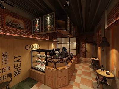 Vintage Dessert Shop Interior With Brick Wall Wooden Counter Cake Display And Pendant Lights 3d model