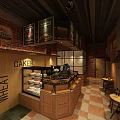 Vintage Dessert Shop Interior With Brick Wall Wooden Counter Cake Display And Pendant Lights
