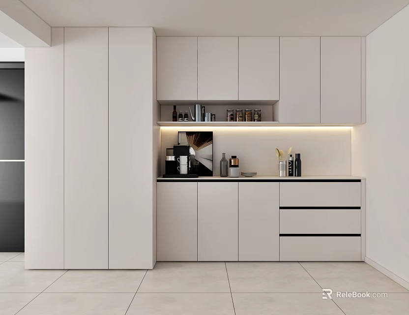 Modern White Sideboard with Cabinets Drawers Open Shelves Built-in Lighting and Items on Countertop 3d model 