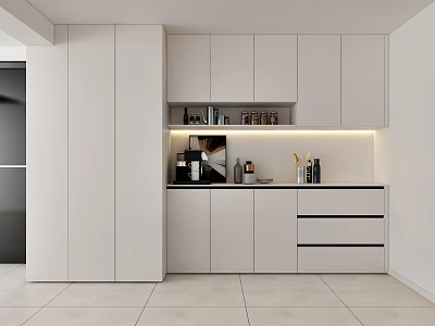 Modern White Sideboard with Cabinets Drawers Open Shelves Built-in Lighting and Items on Countertop 3d model