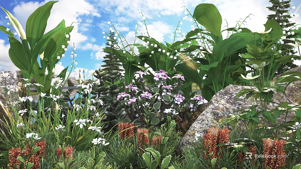 Garden Shrubs In Natural Landscape With Purple Flowers White Blooms Green Foliage And Stone Accents 3d model 